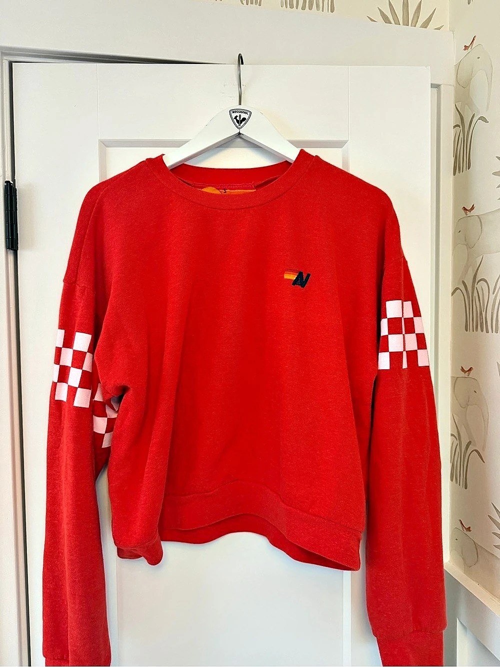 Aviator Nation Check 2 Sleeve Relaxed Crew Sweatshirt - Red // White